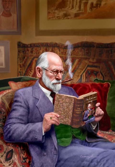 The painting  for the book cover for "The Essential Freud" from Wilder Publications. It was fun to research the details of Freud's original office in Vienna for information about the carpets, his famous couch, the pillows on that couch and even the art on his walls, just seen at the edge of the cover. As I was finishing the painting, I almost neglected to research and include his wedding ring which had a large, dark green stone, and was worn on the fourth finger of his right hand, as was a Central and Eastern European Jewish custom. A fun painting to do. I liked playing with the "picture-within-a-picture" idea.
